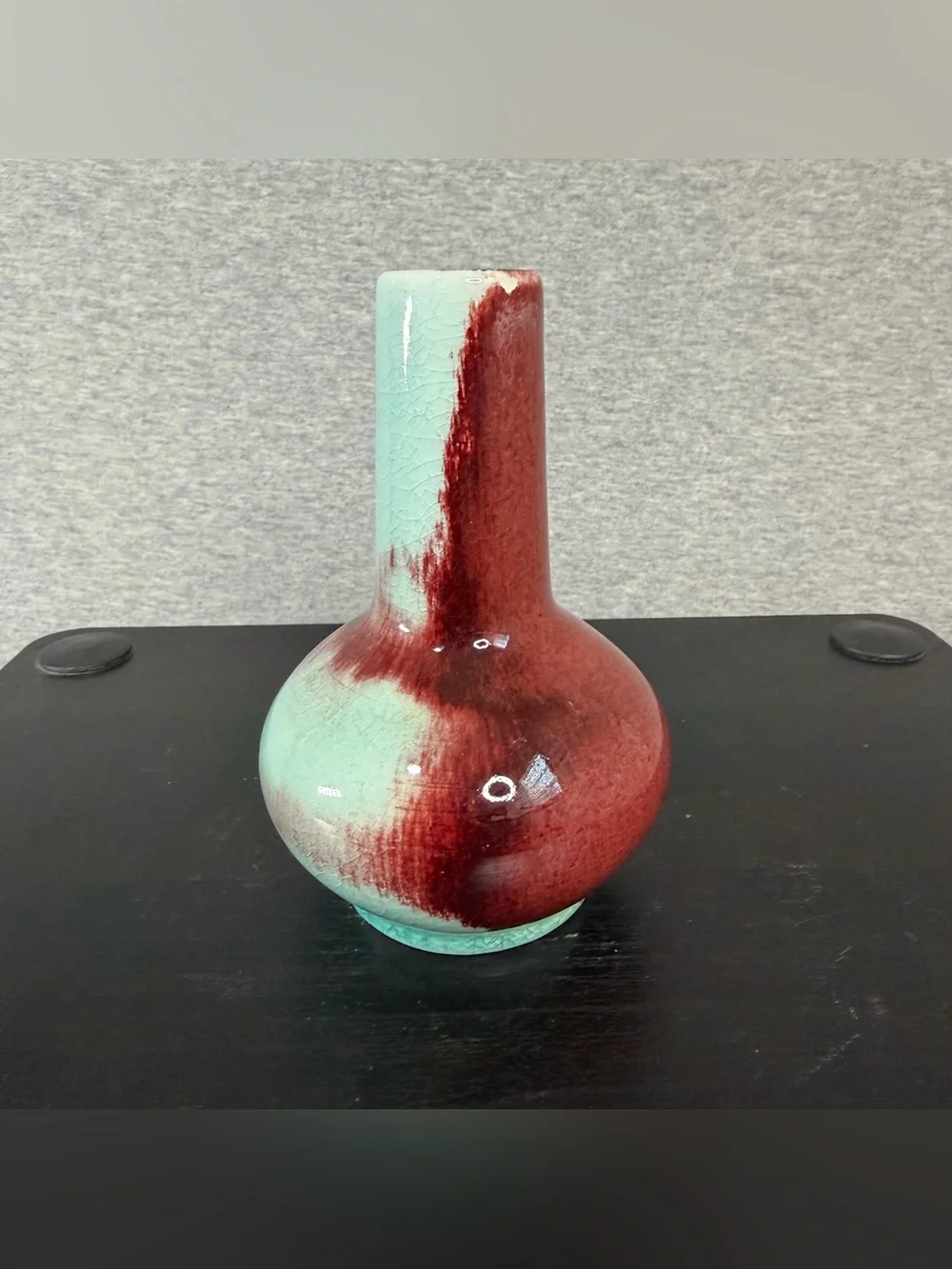 Vintage Chinese Jingdezhen Flambé Oxblood Celadon Crackle Vases Pair Blue Mark